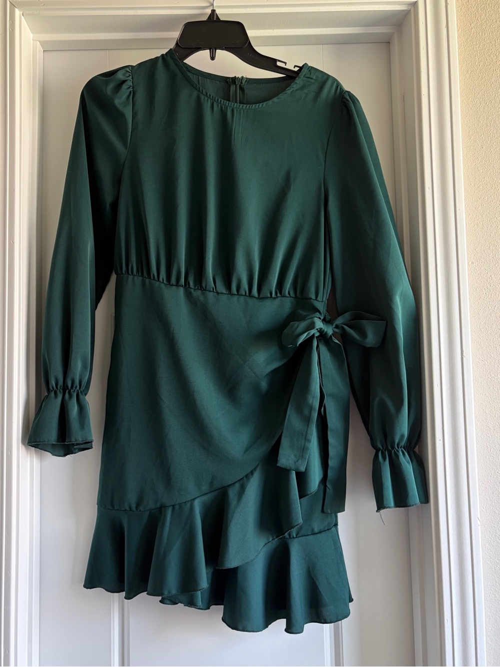 SHEIN Emerald Green Long Sleeve Wrap Ruffle Mini Dress